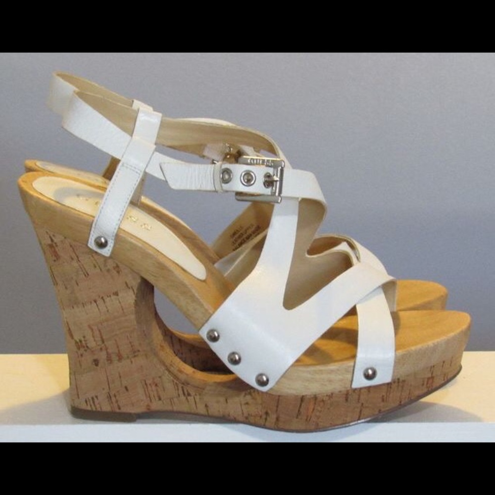 Guess Strappy White Leather Platform Wedges